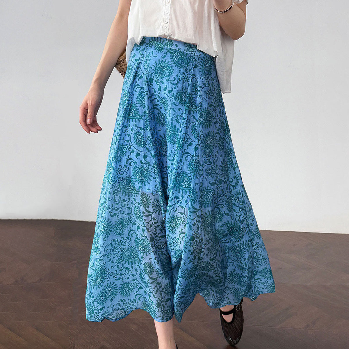 【ボトムス】韓国風コーデ万能 夏新作 細見えハイウエスト 花柄ミモレ丈スカート【SHシリーズ】