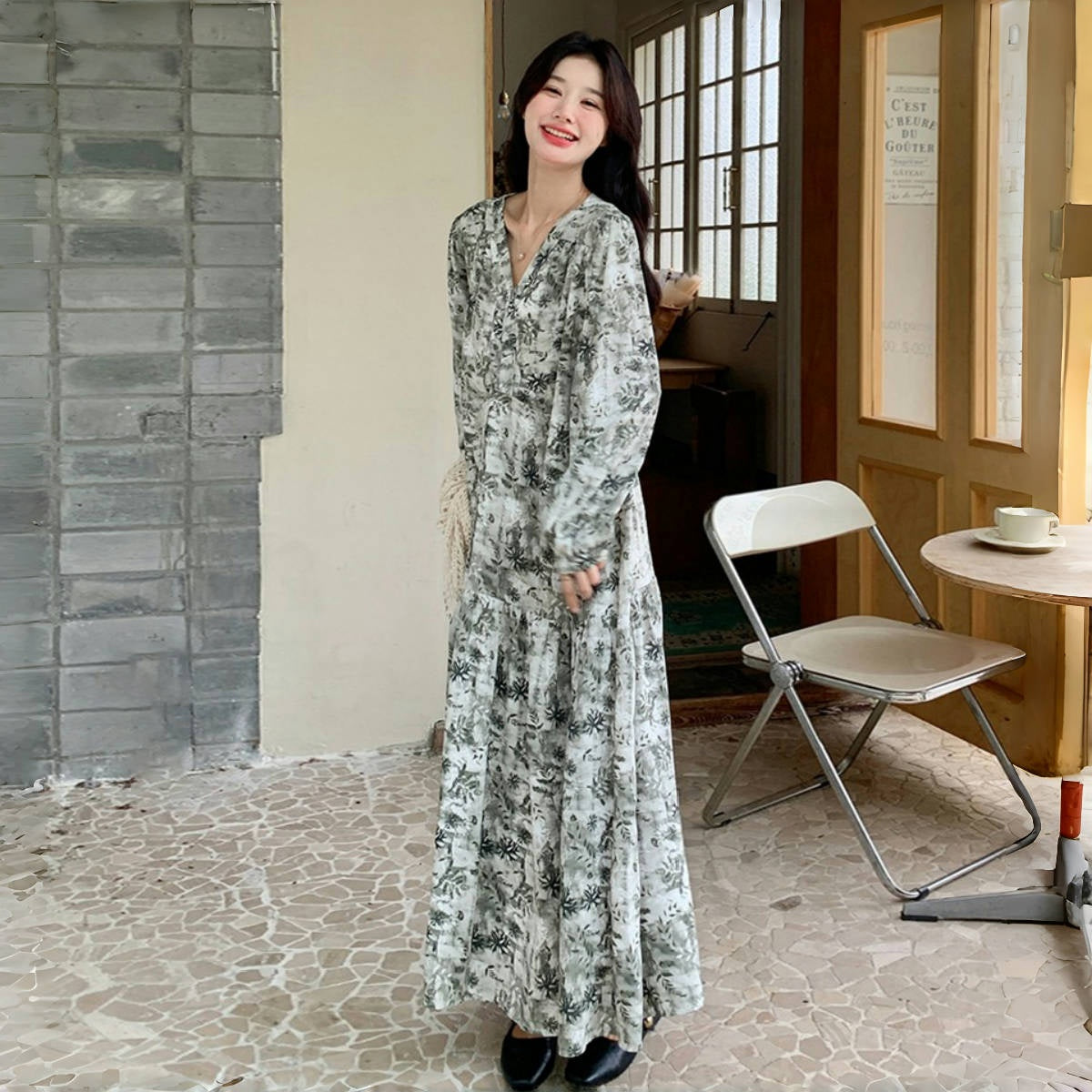 ベストプレゼント！【ワンピース】透かし編み 水墨画風花柄長袖ワンピース レディース 春秋 トレンド 超可愛い【SHシリーズ】