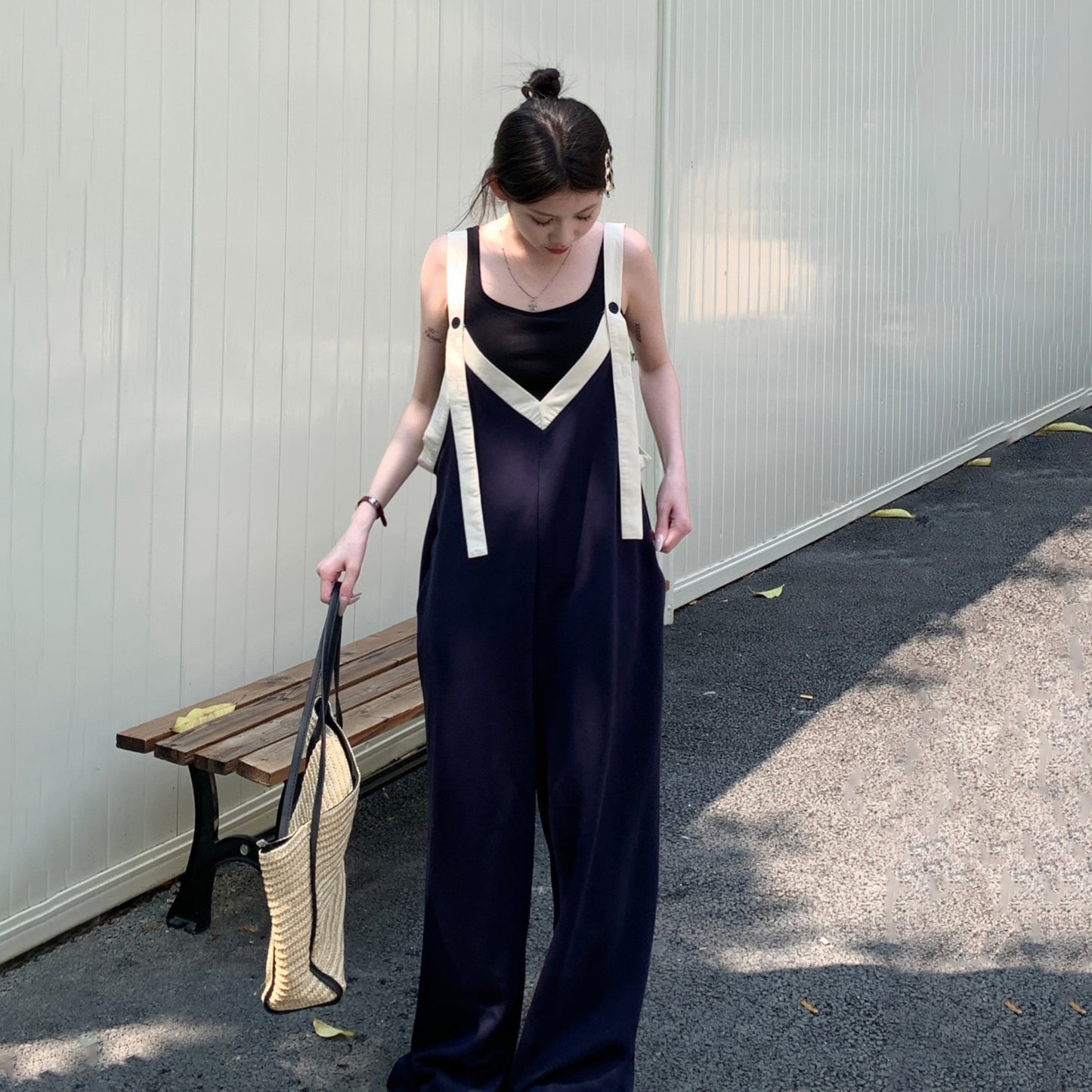 【ボトムス】ヴィンテージ配色Vネック ゆる系夏用カジュアルオールインワン