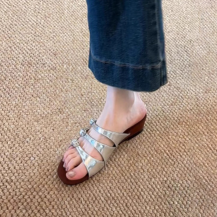 【シューズ】厚底ウェッジソール 一字ストラップサンダル フレンチ風 エレガントスリッパ