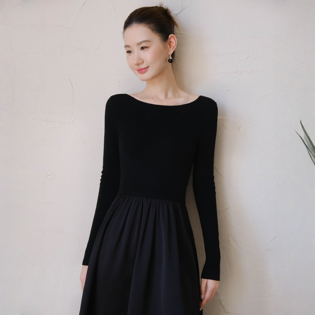 【ワンピース】春 秋 冬 ボートネック  切り替え 高級感 長袖 ワンピース【JZシリーズ】