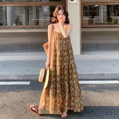 【ワンピース】夏新作 フレンチエレガンス 花柄 ノースリーブ キャミワンピース旅行 リゾート 海辺映え ロングドレス【SHシリーズ】