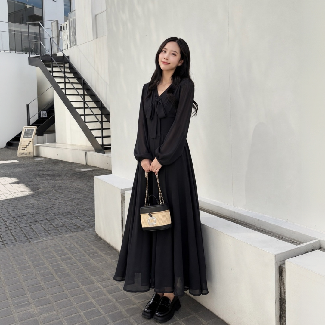 【ワンピース】フレンチ Vネック 着痩せ ロング丈 黒ワンピース 【JZシリーズ】