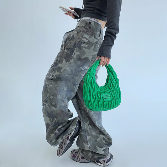 【ボトムス】oversize レトロ ヴィンテージ加工 星柄 ゆったり カジュアル パンツ【FCシリーズ】