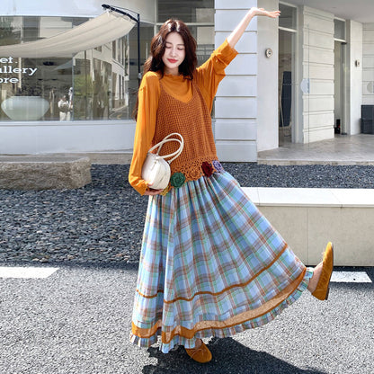 3点セット！【セットアップ】レトロナチュラルニットベスト＆インナー＆チェック柄スカート3点セット レディース 文芸風 大人可愛い 秋コーデ【JZシリーズ】