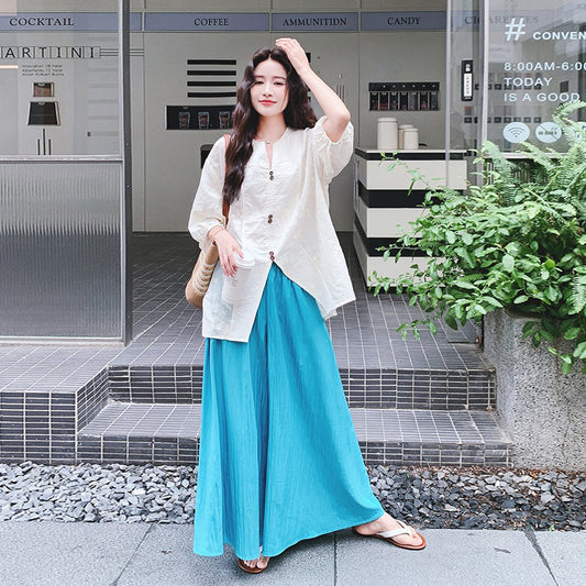 2点セット！【セットアップ】ヴィンテージ新中華風 刺繍スリットシャツ＋ワイドパンツ 上下セット【JZシリーズ】