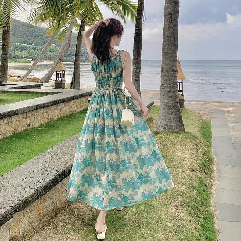 【ワンピース】夏 フレンチ風 旅行リゾート風 フラワープリント ノースリーブキャミソールワンピース【SHシリーズ】