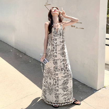 【ワンピース】ヴィンテージ水墨プリント フリンジパッチワーク リゾート風 ノースリーブワンピース【SHシリーズ】