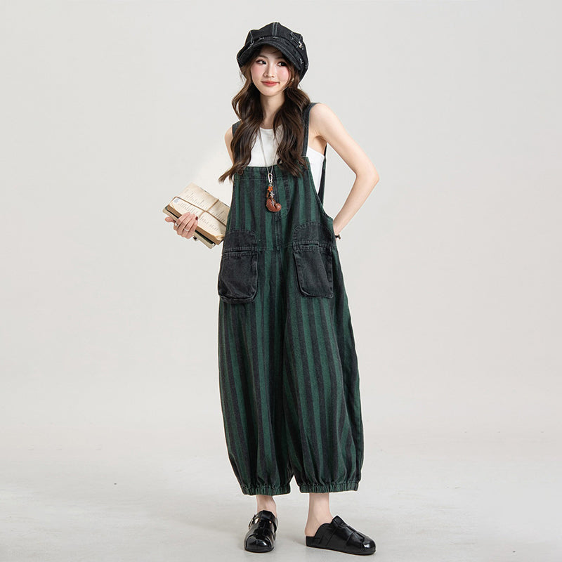 【ボトムス】ストライプ柄 デニムオールインワン キャミサロペット 7分丈 バルーンパンツ ルーズフィット カジュアル 夏【JZシリーズ】