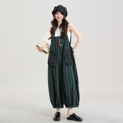【ボトムス】ストライプ柄 デニムオールインワン キャミサロペット 7分丈 バルーンパンツ ルーズフィット カジュアル 夏【JZシリーズ】