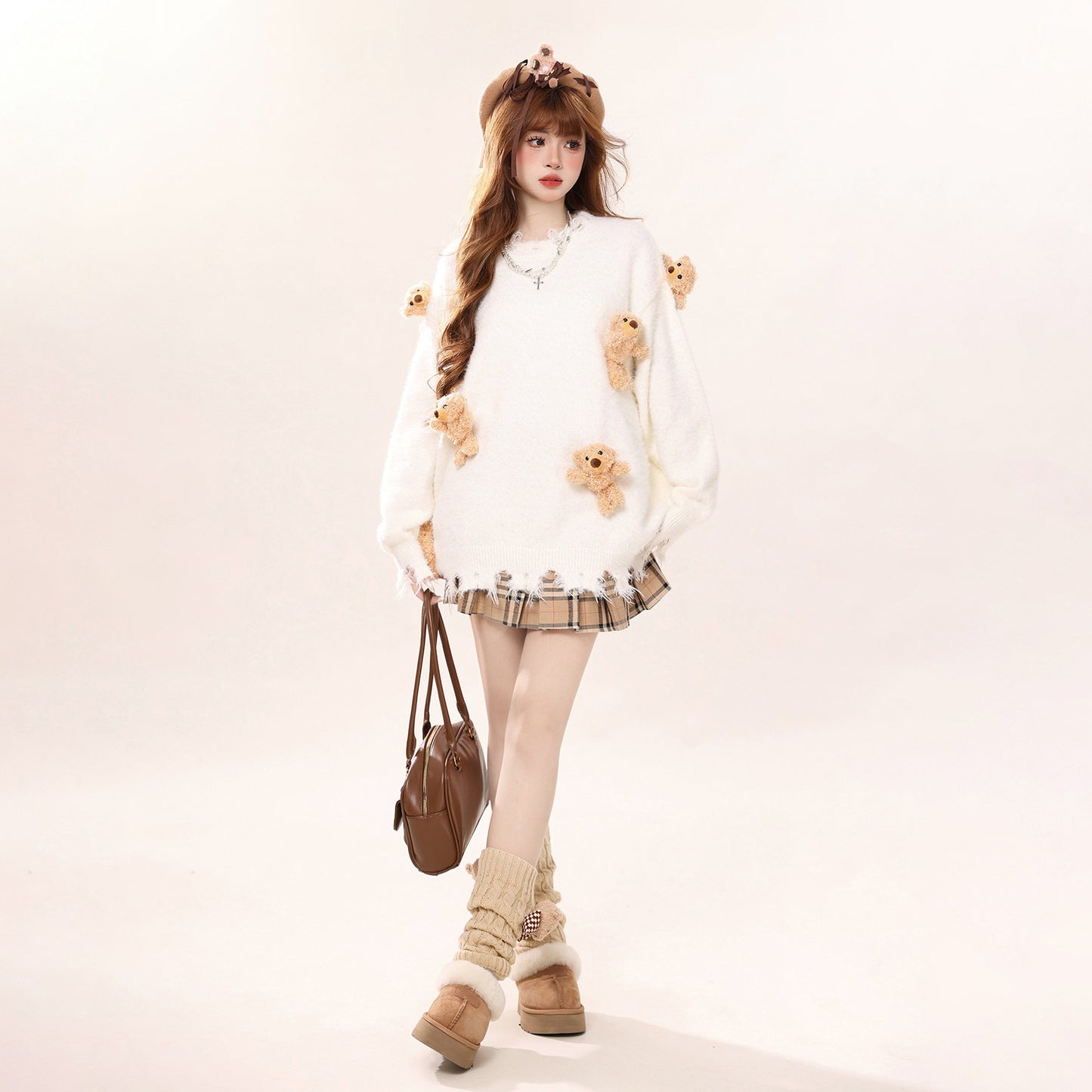 【トップス】ベアドール モチーフ カレッジ風 ニットセーター ユニセックス アメリカンレトロ デザイン カップル向け ニット【FCシリーズ】