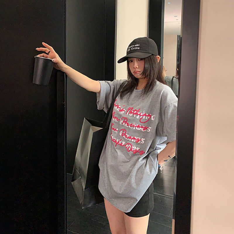 【トップス】ストリート系 ヴィンテージ加工 立体ロゴ刺繍Tシャツ 夏 レディース ルーズフィット 半袖【FCシリーズ】