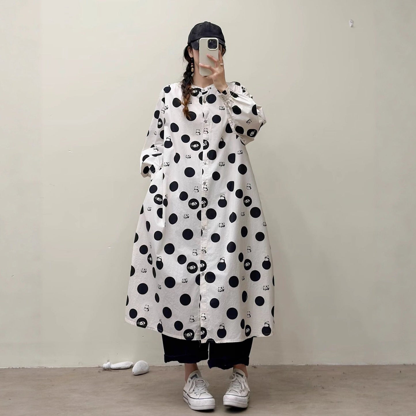 選べる7柄！【ワンピース】🎀カジュアルかわいい丸首プリントワンピース 長袖 シングルボタン 春新作 韓国風ウエストシェイプ レディース【SHシリーズ】