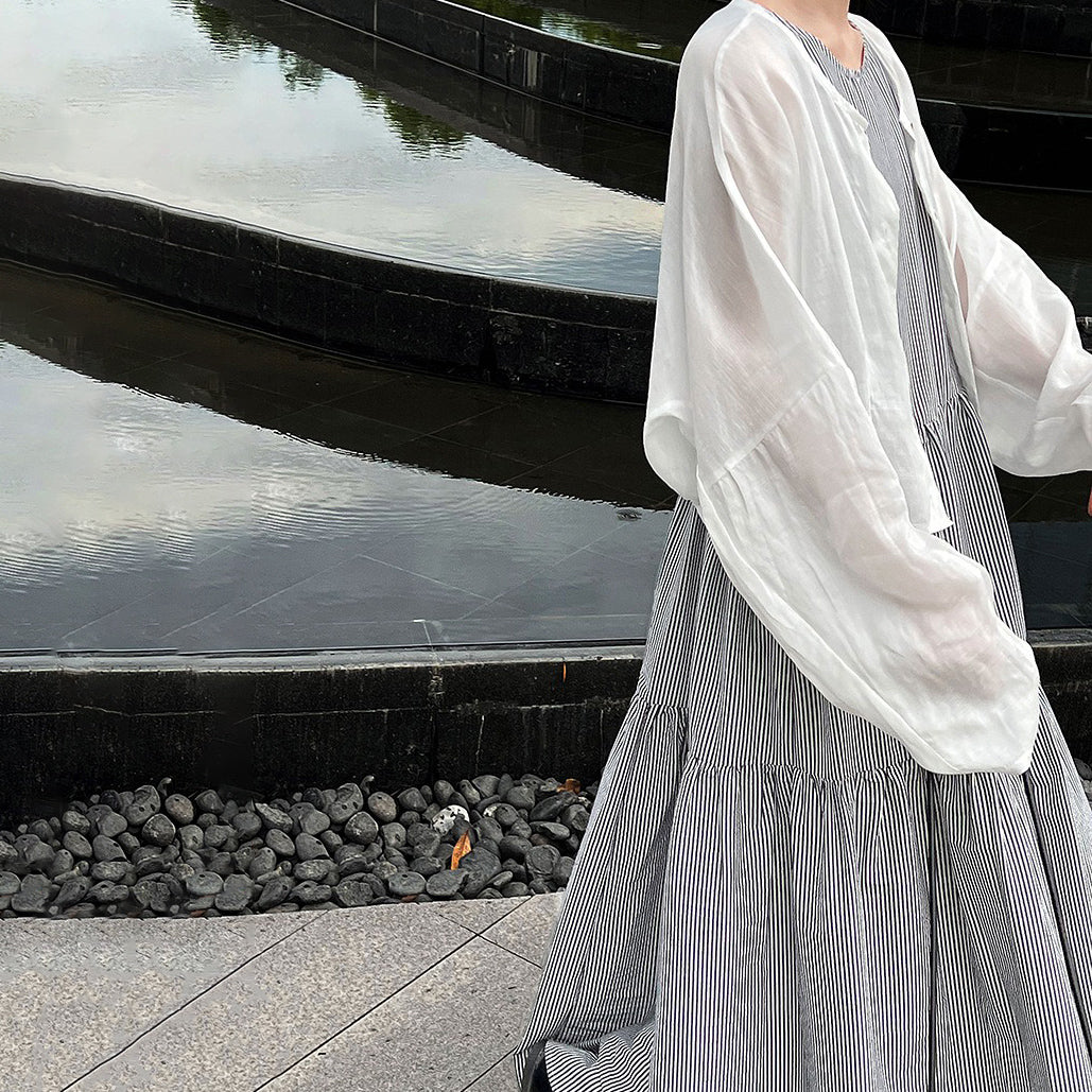 【ワンピース】トロシンプル ストライプ柄 細見え 夏新作 ゆる感 ノースリーブワンピース【JZシリーズ】