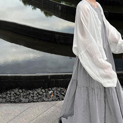 【ワンピース】トロシンプル ストライプ柄 細見え 夏新作 ゆる感 ノースリーブワンピース【JZシリーズ】