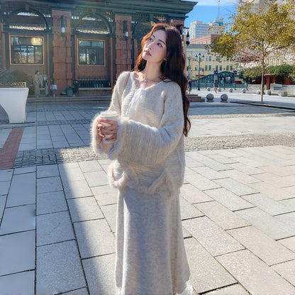 【セットアップ】韓国風 レース 気質よい 合わせやすい ニット生地 ニットセーター+スカート 2点セット【JZシリーズ】