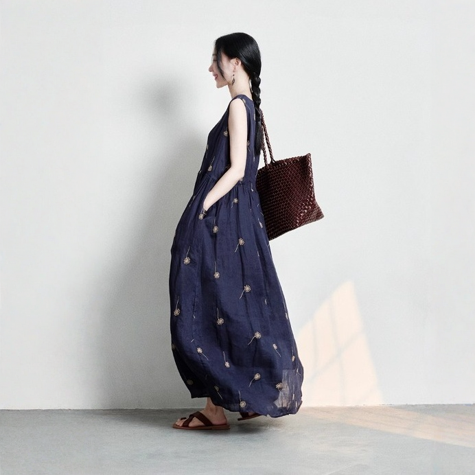 【ワンピース】ゆるリラックス 刺繍 プリント ノースリーブ ワンピース 【SHシリーズ】