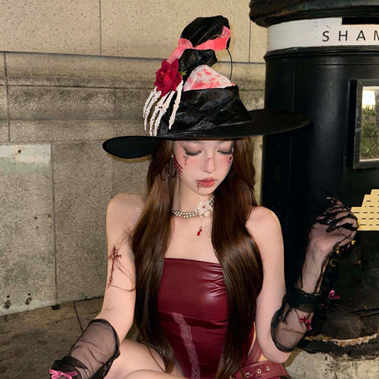 【ハロウィン】スカル×ローズ ウィッチハット 魔法帽 コスプレアクセサリー