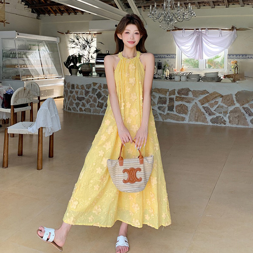 【ワンピース】夏 花柄 イエロー ハイネックキャミノースリーブワンピース 気質溢れる優しげロングドレス【SHシリーズ】