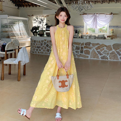 【ワンピース】夏 花柄 イエロー ハイネックキャミノースリーブワンピース 気質溢れる優しげロングドレス【SHシリーズ】