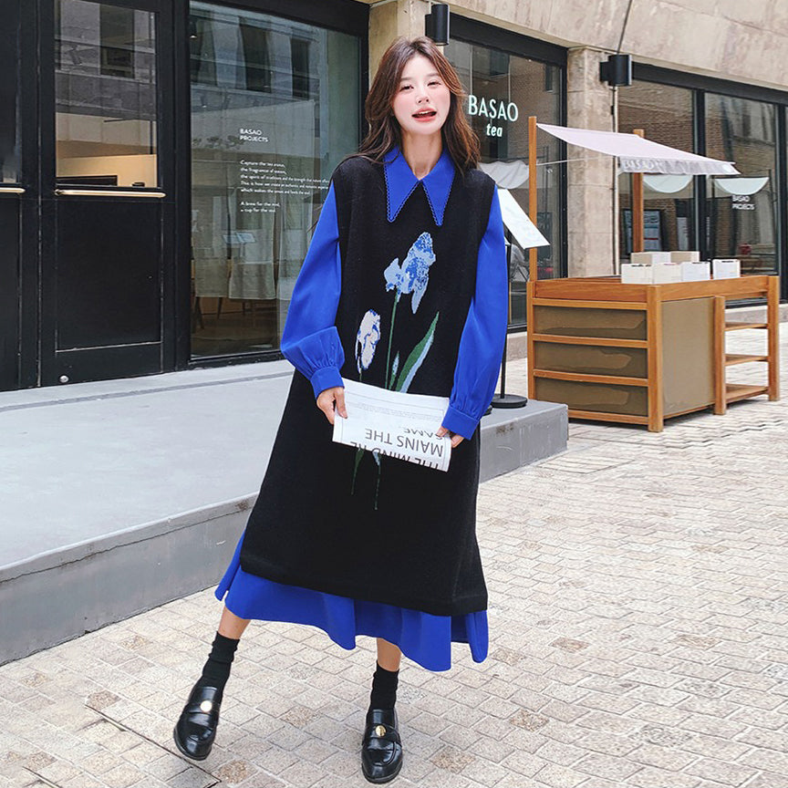 2点セット！【セットアップ】ブルー ジャカードニット＋シャツ長袖ワンピース セットアップ レディース OOTDコーデ 若見え【SHシリーズ】