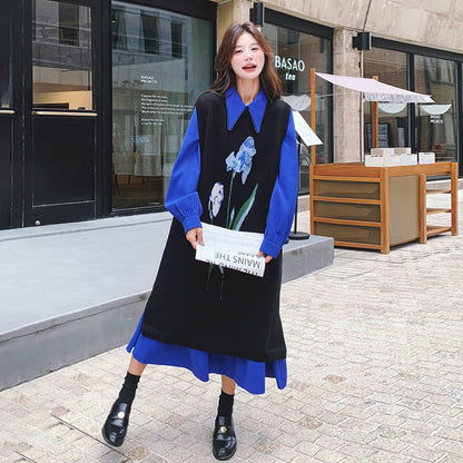 2点セット！【セットアップ】ブルー ジャカードニット＋シャツ長袖ワンピース セットアップ レディース OOTDコーデ 若見え【SHシリーズ】