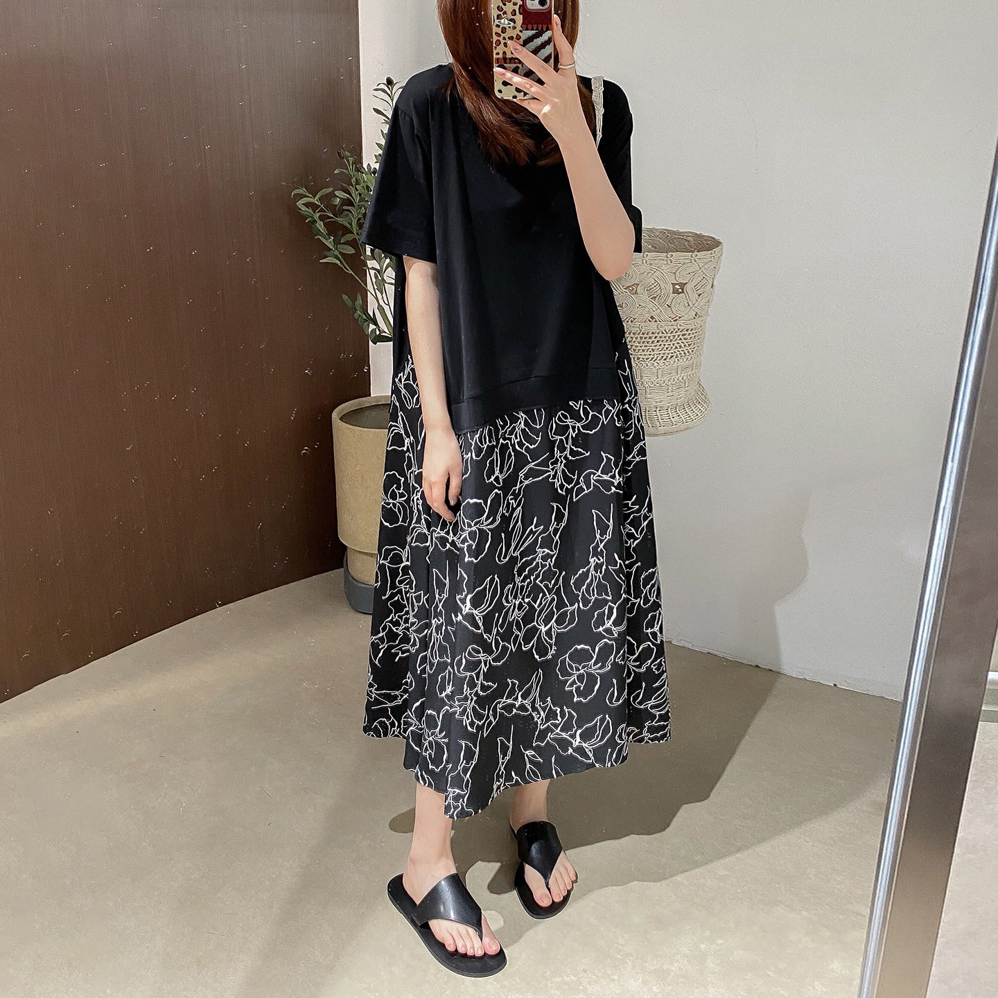 【ワンピース】カジュアル フェイクレイヤード ラウンドネック Tシャツドッキング 切替デザイン ゆったり ロングワンピース 夏新作【JZシリーズ】