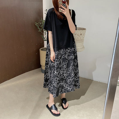 【ワンピース】カジュアル フェイクレイヤード ラウンドネック Tシャツドッキング 切替デザイン ゆったり ロングワンピース 夏新作【JZシリーズ】