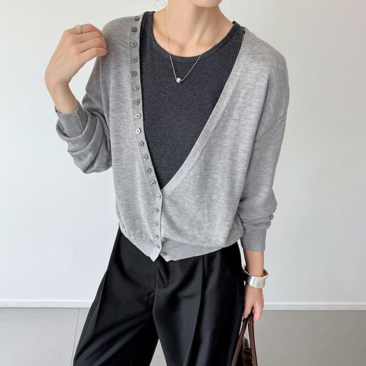 【トップス】初秋新作 韓国風 Vネック ニットカーディガン＋ノースリーブニットタンク 2点セット【JZシリーズ】