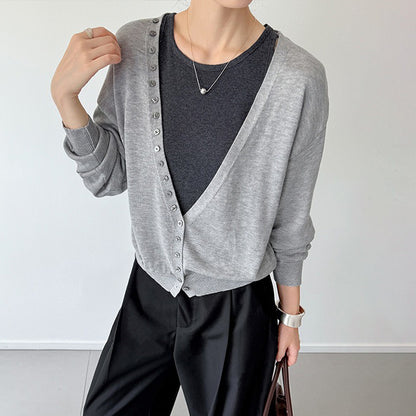 【トップス】初秋新作 韓国風 Vネック ニットカーディガン＋ノースリーブニットタンク 2点セット【JZシリーズ】