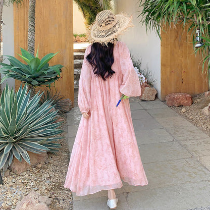 【ワンピース】フェミニン 長袖 花柄ワンピース レディース 春夏秋 シフォン バックオープン ロング丈【SHシリーズ】