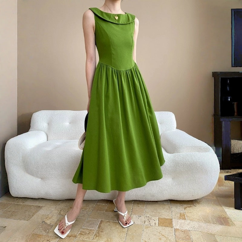 【ワンピース】夏 マンボ デザイン感 フレンチ フリル襟 ウエストマーク ノースリーブ ワンピース 【SNシリーズ】