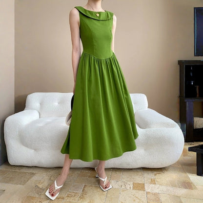 【ワンピース】夏 マンボ デザイン感 フレンチ フリル襟 ウエストマーク ノースリーブ ワンピース 【SNシリーズ】