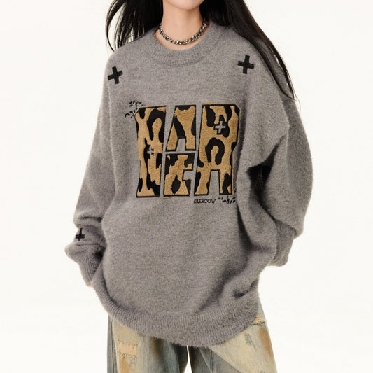 【トップス】ヴィンテージ レオパード刺繍 × レターロゴ ニット セーター ユニセックス ゆったりフィット ストリート系 トレンド カップル対応【FCシリーズ】