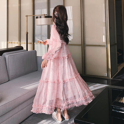 【ワンピース】透かし編み 水墨画風花柄長袖ワンピース レディース 春秋 トレンド 超可愛い【SHシリーズ】