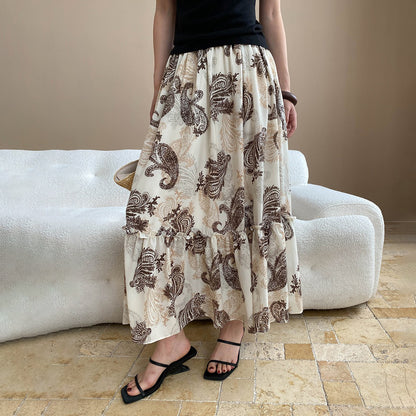 【ボトムス】フレンチバカンス風 フェザー柄切り替えデザイン ハイウエストゴム入りAラインスカート【SHシリーズ】【JZシリーズ】