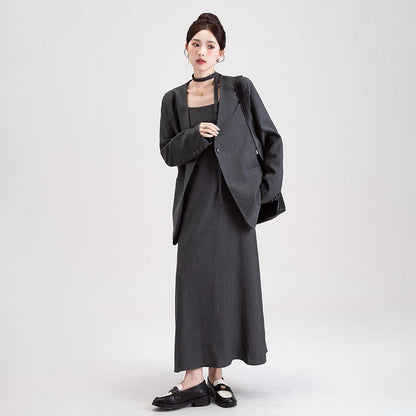 【セットアップ】韓国風 大人女子感 ジャケット＋キャミワンピース セット レディース ウエストベルト付き【シリーズ】