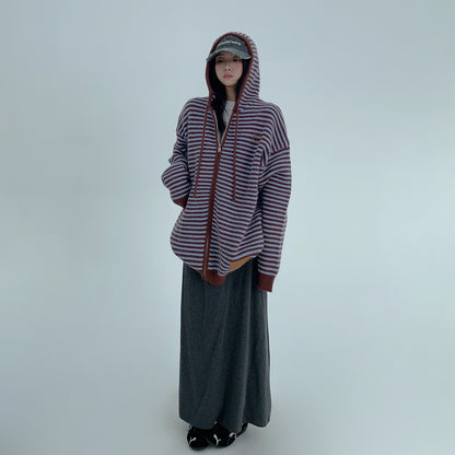 【アウター】春 秋 冬 ボーダー 厚手 フード付き ゆる感 ジャケット 【FCシリーズ】