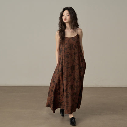 【ワンピース】新中式 ヴィンテージ高級感 プリント 柔らかい素材 リゾート風 ノースリーブワンピース【SHシリーズ】