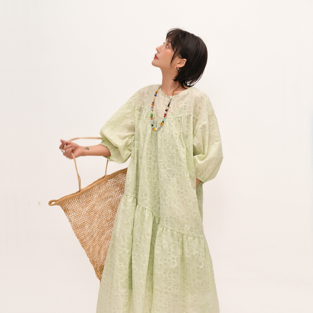 【ワンピース】夏 青みグリーン 楊柳 コットン フレンチラウンドネック 半袖 ワンピース 【SHシリーズ】