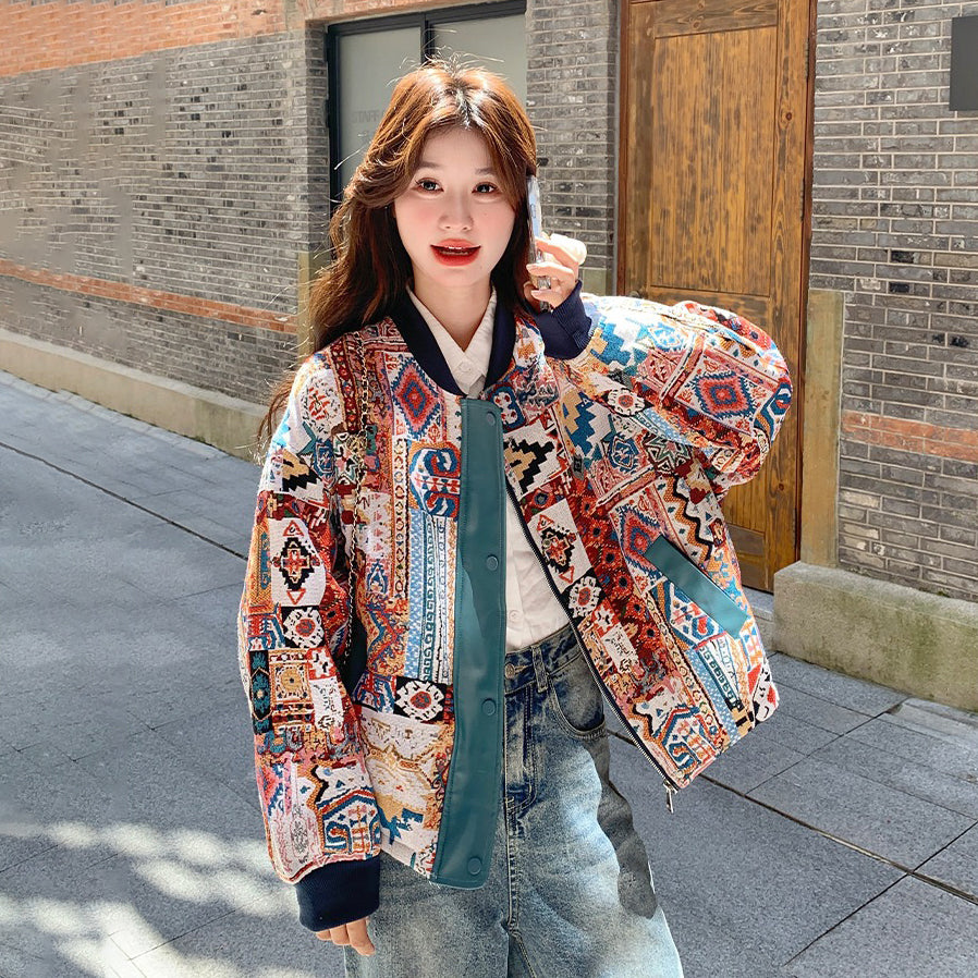 【アウター】超可愛い エスニック柄おしゃれスタジャン レディース 春秋 人気 韓国風ジャケット【SHシリーズ】
