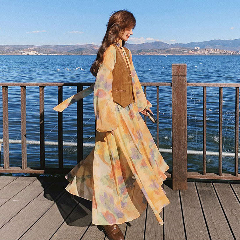 【セットアップ】ベスト付き 花柄フレア 長袖ワンピース セット 春秋 海辺リゾート 高級感【SHシリーズ】