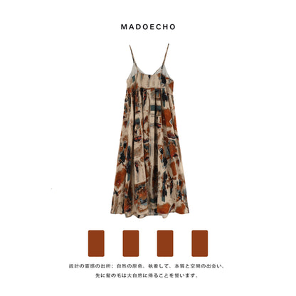 【ワンピース】油絵風ドレープ感 フラワープリント  夏 ゆったり ノースリーブワンピース【SHシリーズ】