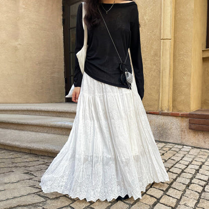 【ボトムス】春夏新作 レディース レースAラインスカート ハイウエスト ミモレ丈 体型カバー 切り替え リゾート風【JZシリーズ】