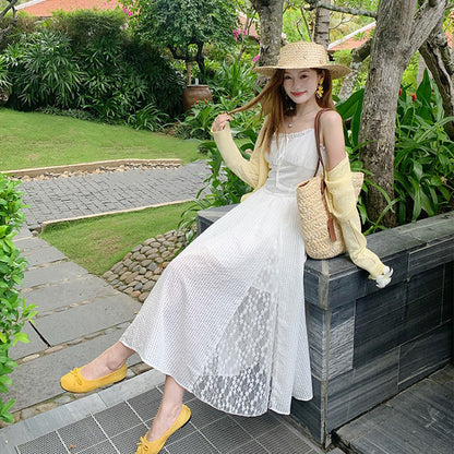【ワンピース】リゾート風 フレンチ ホワイトレース ノースリーブワンピース 夏 レディース ウエストマーク キャミワンピース【JZシリーズ】