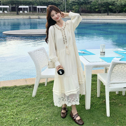 【ワンピース】ベージュ フラワーレース刺繍襟 ワンピース レディース 新作 長袖 フェミニン フレンチ風ロングドレス【JZシリーズ】