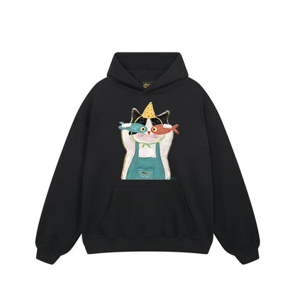 【トップス】🐱アメリカンストリート猫プリントパーカー ユニセックス コットン オーバーサイズ 秋冬コーデ【FCシリーズ】