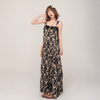 【ボトムス】ゆったりルーズ感 Vネックサロペット 夏新作 エンボスジャガード ワイドパンツオールインワン【SHシリーズ】