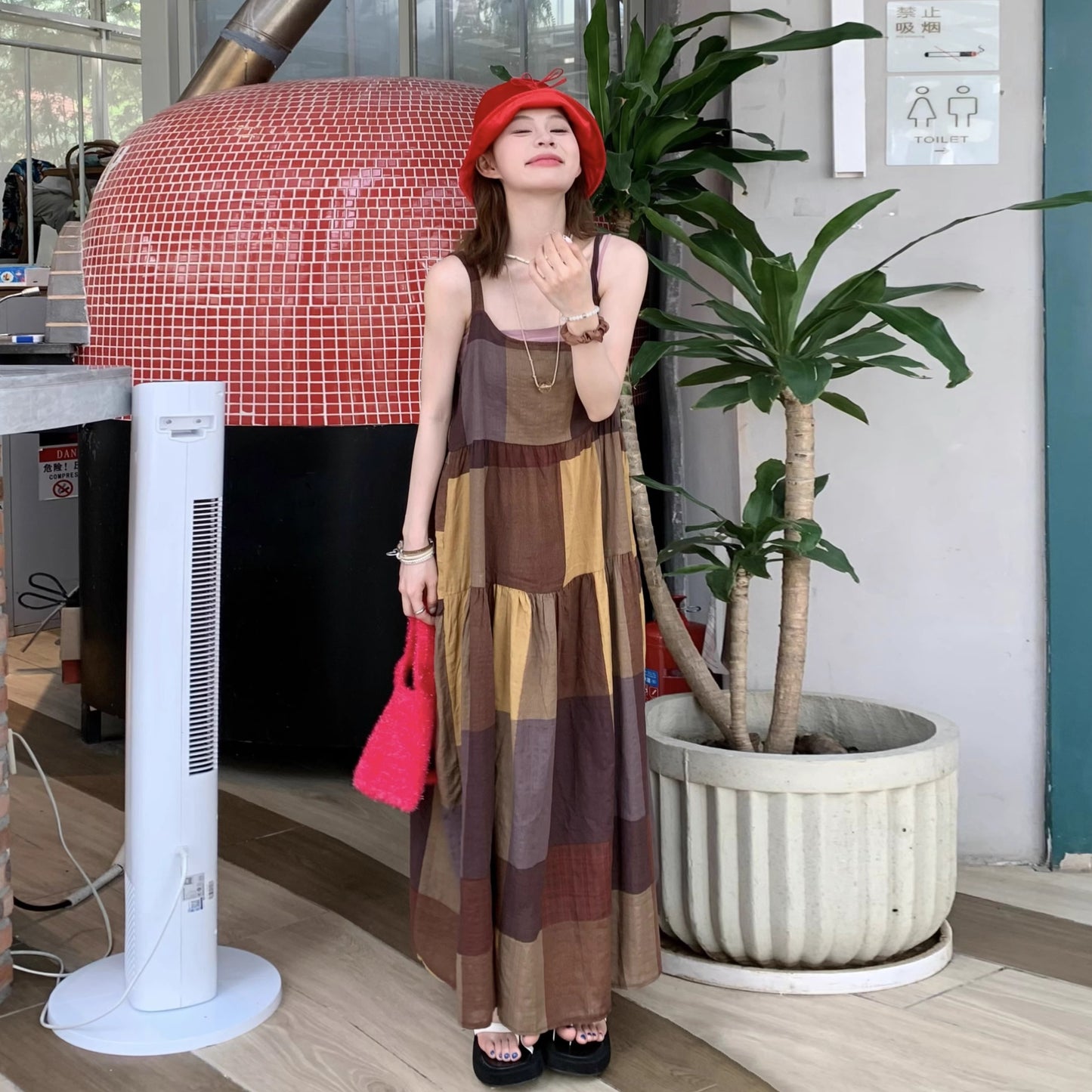 【ワンピース】夏新作 レトロ チェック柄 ゆったり カジュアル ノースリーブキャミワンピース【SHシリーズ】