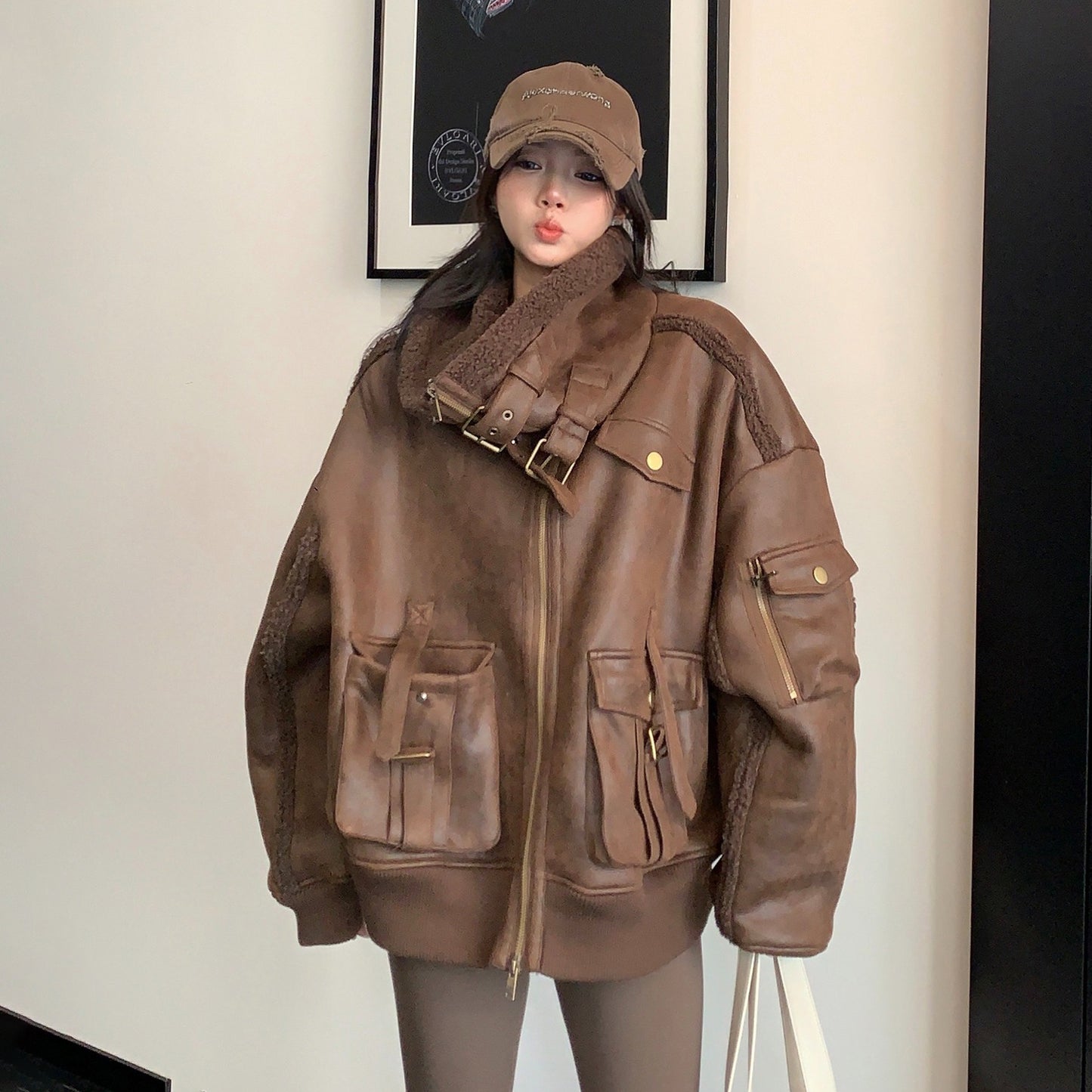 【アウター】重厚感◎スエード調中綿ジャケット レディース 冬のレトロライダース風 綿入れコート【FCシリーズ】【18~25日発送】